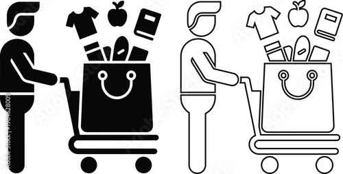 Vector icon set of male customer pushing a supermarket shopping cart full of grocery food and retail merchandise in flat black silhouette and line outline isolated on white background.