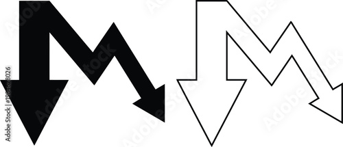 Minimalist flat vector icon set featuring a jagged downward business chart arrow for economic market decline and financial decrease in solid black silhouette and linear outline styles.