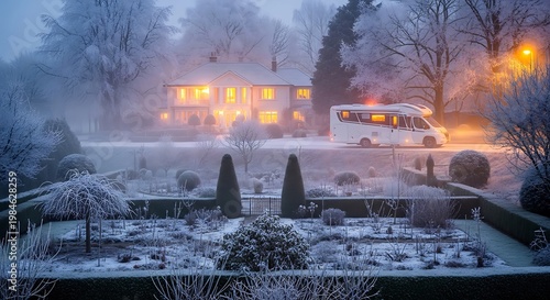 A snow-covered garden and house illuminated in soft light with a camper, trees, and street lamp create a wintery scene