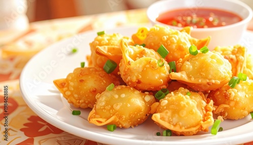 Golden Crispy Fried Wontons Piled High on a White Plate with a Side of Sweet Chili Sauce and Fresh Scallions, Delicious Appetizer