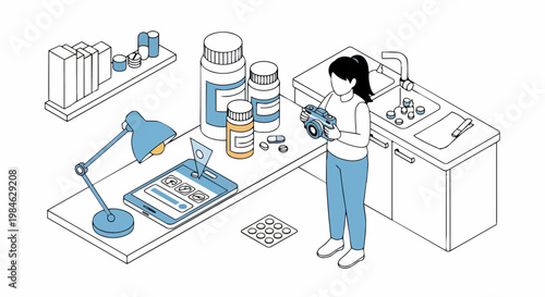 Isometric Illustration of a Woman Taking Photos of Medicine Bottles and Vitamins for a Digital Health Blog or Pharmacy Ecommerce Site