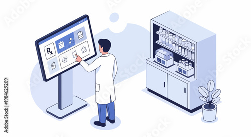 Digital Pharmacy and Healthcare Technology Concept: Pharmacist Managing Medical Records and Drug Inventory on Interactive Screen