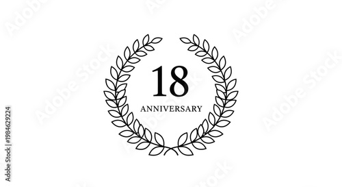 Elegant black and white 18th anniversary laurel wreath design, celebrating a significant milestone with classic typography.