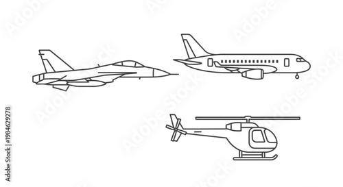 Set of detailed line art aircraft including a jet, passenger plane, and helicopter, aviation transport, isolated white background