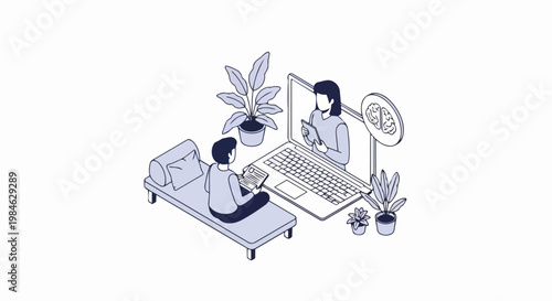 Online Therapy and Mental Health Counseling Isometric Illustration - Telepsychology Session with Therapist and Patient via Laptop