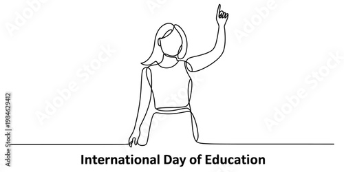 Continuous line art illustration of a woman raising her hand for international day of education Vector, illustration