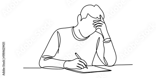 Minimalist continuous line art of a man sitting at a desk feeling stressed while writing Vector, illustration