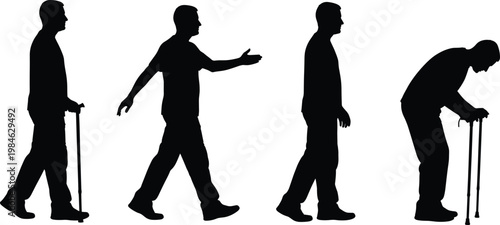 Male silhouette aging process set, young adult, middle aged, elderly senior man walking with cane, human life cycle vector illustration.