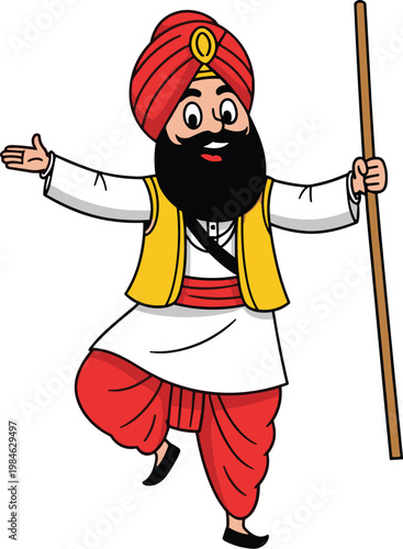 Punjabi man dancing bhangra vector illustration featuring traditional Indian folk dancer with turban stick and joyful pose isolated design