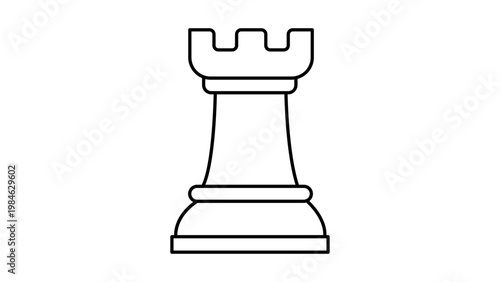 Minimalist black line vector icon of a chess rook piece, isolated on a white background. This clean outline illustration represents a castle in the game of chess, ideal for strategy and gaming.