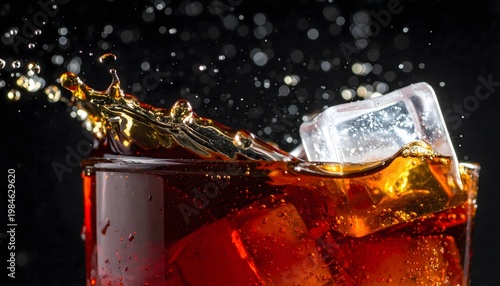 A glass of cola with ice cubes.