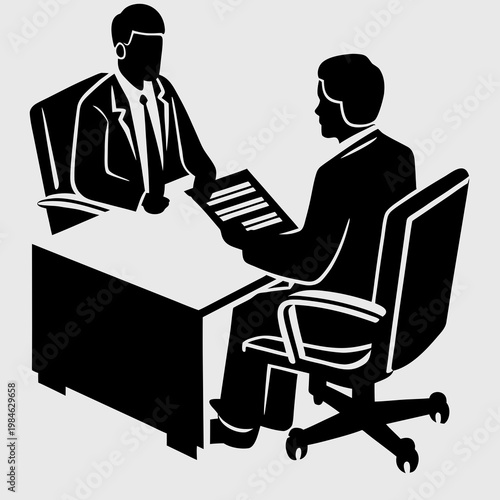 business job interview silhouette, employer and candidate talking at desk, hr manager recruitment concept isolated on white