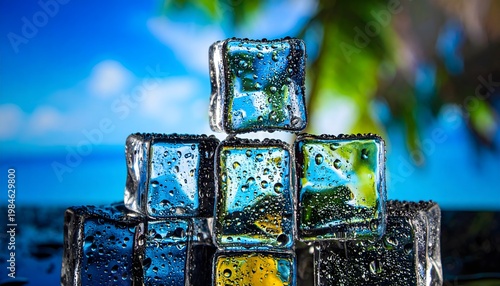 Tower of ice cubes on a table.