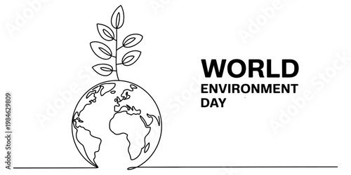 A continuous line drawing of planet earth with a growing plant for world environment day event Vector, illustration