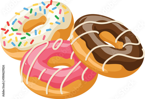 Three donuts vector illustration set, bakery dessert composition featuring glazed chocolate and strawberry frosted donuts with sprinkles and icing details, realistic sweet food styling 