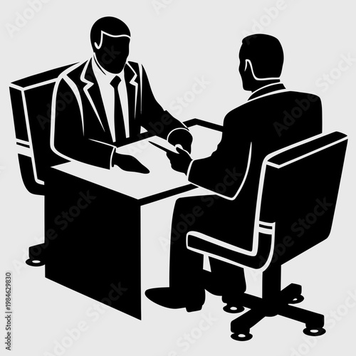 business job interview silhouette, employer and candidate talking at desk, hr manager recruitment concept isolated on white