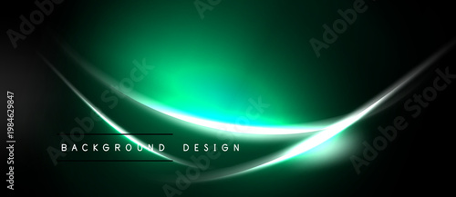Dark background features vibrant green glow. Smooth curves create dynamic visual effect. Text reads background design. Modern, sleek aesthetic.