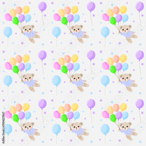  Cute teddy bear in polka dot pajamas flying with colorful balloons