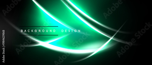 Abstract green neon lines over dark background. Modern design elements create dynamic visual effect. Smooth curves, bright illumination.