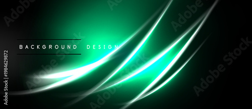 Dark background features vibrant green neon lines. Smooth curves create dynamic visual effect. Modern design element for digital projects.
