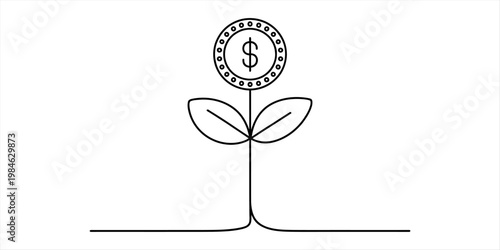 A simple black and white line art illustration of a plant growing a dollar coin as its flower head. Vector, illustration
