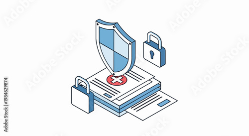 Isometric Healthcare Data Protection Concept with Shield and Padlocks for Medical Record Privacy and HIPAA Compliance