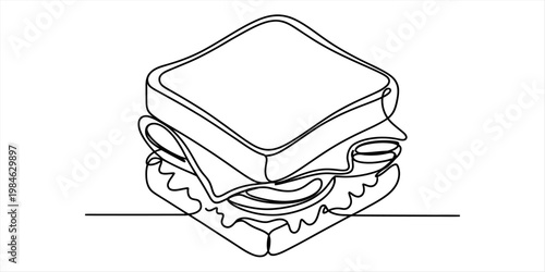 A minimalist single line drawing of a delicious sandwich with bread cheese and fresh vegetables Vector, illustration