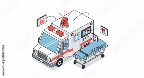Isometric Modern Ambulance and Emergency Stretcher with Telemedicine and Digital Healthcare Icons Illustration