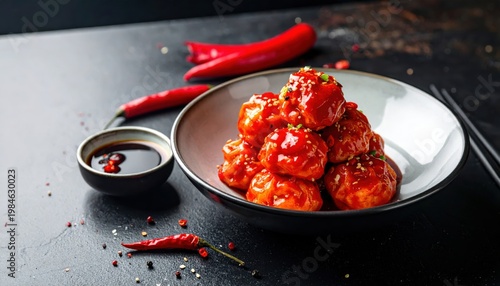 Vibrant Szechuan Dumplings with Glistening Chili Oil and Sesame Seeds, Served in a Bowl with Dipping Sauce and Peppers.