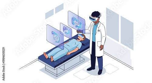 Doctor using VR Headset for Medical Examination with Holographic Digestive System Interface, Future Healthcare and Medtech Isometric Illustration
