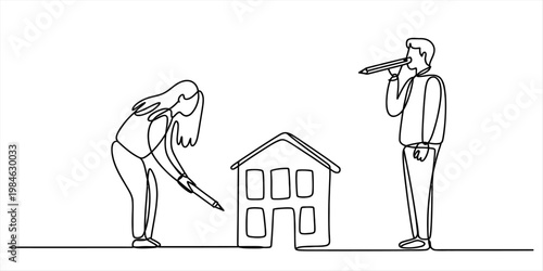 A continuous line drawing showing a couple working together to build a new house design sketch Vector, illustration