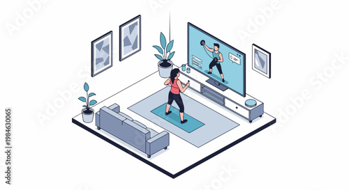 Isometric Vector Illustration of a Woman Exercising in her Living Room while Watching an Online Fitness Class on a TV Screen