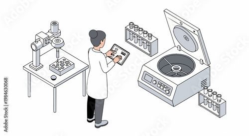 Isometric Illustration of a Female Scientist Controlling Laboratory Automation and Centrifuge with a Digital Tablet