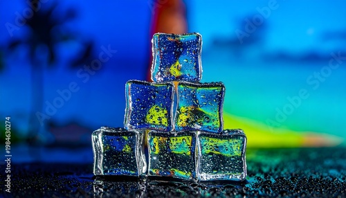 A stack of colorful ice cubes on a table.
