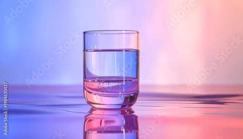 A glass of clear water on a colorful reflective surface.