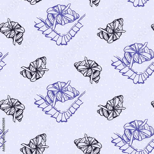 Hand drawn seamless pattern with gift croissants and napkins on textured purple background. Hand drawn line. Trendy linear food illustration for bakery packaging, cafe menu, holiday gift wrap, kitchen