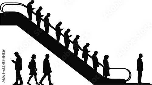 People on escalator using smartphones in urban environment, social media addiction concept, modern lifestyle, crowd behavior, digital distraction in public transport and city life