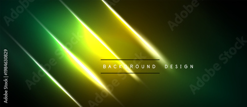 Abstract neon lines over dark background. Gradient yellow, green hues create dynamic visual effect. Modern design element.