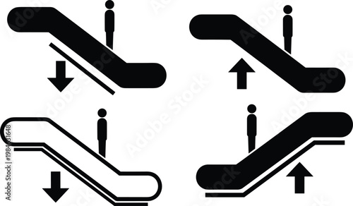 Escalator direction safety icons showing standing position and travel flow, up and down movement signage for public transport, airport, subway guidance and pedestrian navigation system
