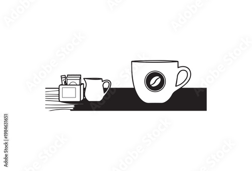 Morning Brew Essentials: An illustration of a meticulously arranged coffee setup, portraying a serene morning ritual. This scene includes a coffee cup, creamer, and sugar packets.