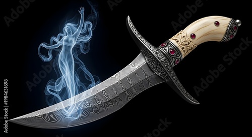 3D render of an ancient fantasy dagger glowing with mystic smoke and magical blue aura energy. Elegant mythical weapon concept for games and art.