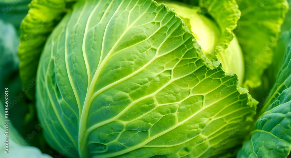 Obraz premium Detailed texture of a green cabbage leaf, intricate branching veins, waxy surface, crisp organic structure