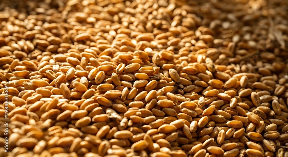 Obraz premium Detailed texture of golden wheat kernels in a pile, sunlight reflecting on smooth grain surfaces, harvest abundance