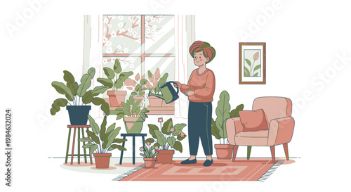 Woman watering plants in living room.