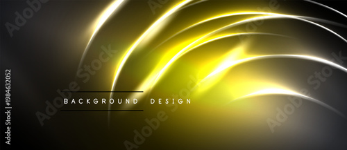 Abstract golden lines over dark background. Smooth curves create dynamic visual effect. Minimalist design with text element below.