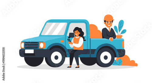 People standing next to a blue truck.