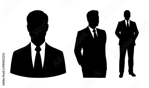 Executive manager icon set with solid black figure on white background featuring management, leadership, corporate symbols with minimalist and silhouette