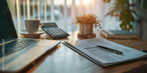 Tax documents, calculator, eyeglasses, and office supplies on a desk with a sticky note marked Tax 2026. Personal finance, tax filing, accounting, and annual declaration concept