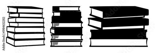 Books set with minimalist black icon stack illustration on white background depicting layered booky silhouette design featuring books, stack, icon with minimalism and flat design