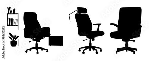 Home office chair set with solid black icon on white background featuring office furniture, seating, ergonomic design with vector and illustration